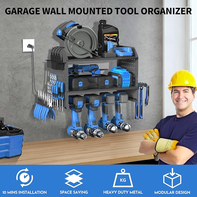 Power Tool Organizer Wall Mount – Adjustable Shelf, Side-Mounted 4-Outlet - Image 4