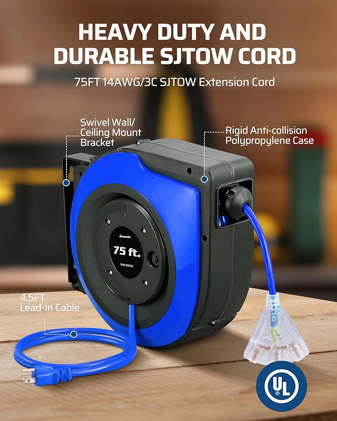 DEWENWILS Retractable Extension Cord Reel, 75 FT Heavy Duty Power Cord - Image 3