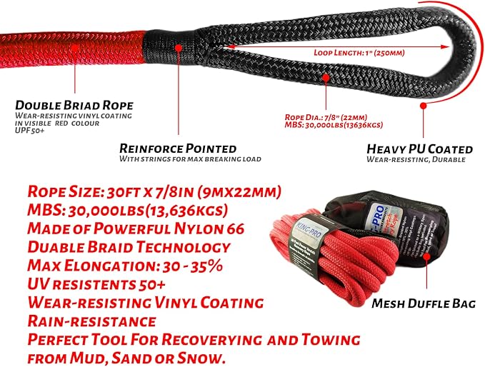 KING-PRO Kinetic Recovery Rope 7/8“x30' Towing Rope 30, 000lbs Breaking - Image 2