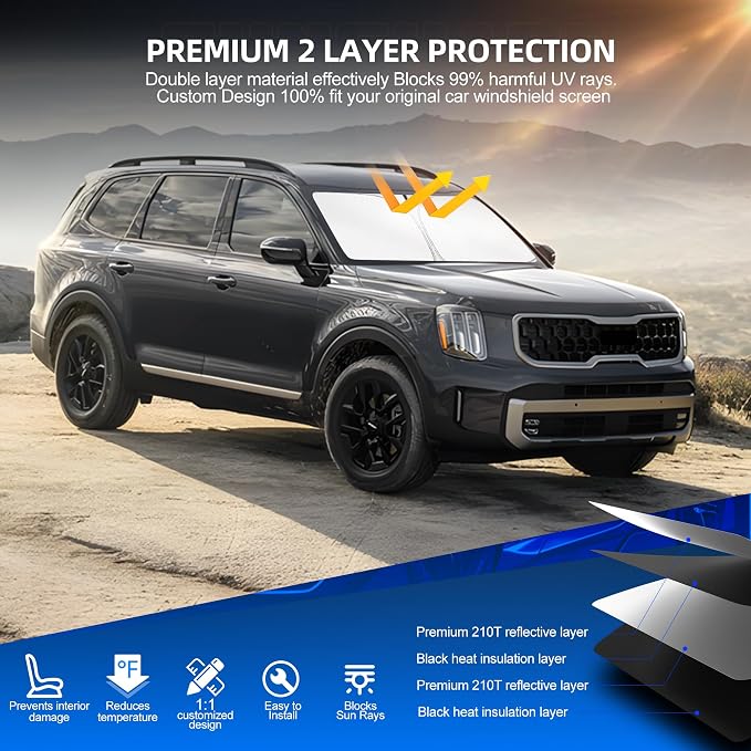 Windshield Sun Shade for Kia Telluride 2020-2025 Foldable Sunshade Custom Fit - Image 3
