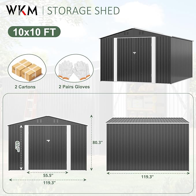 WKM 10x10 FT Outdoor Storage Shed, Utility Metal Tool Storage - Image 3