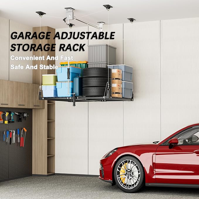 4x4FT Ceiling Storage Racks Lift, Overhead Garage Storage Rack, Adjustable - Image 2