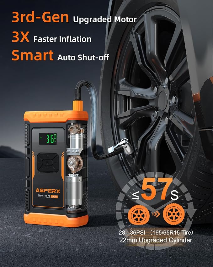 ASPERX Jump Starter with Air Compressor, 【Upgrade & Safety Certs】10L Gas/8L - Image 3