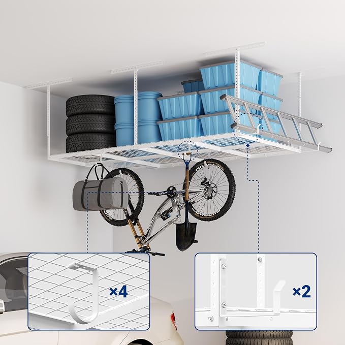 FLEXIMOUNTS 4x8 Overhead Garage Storage Rack w/Hooks Adjustable Ceiling Storage - Image 2
