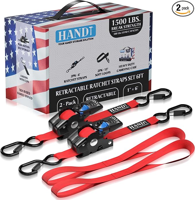 HandT USA Based Retractable Ratchet Straps 1in x 6ft by HANDT