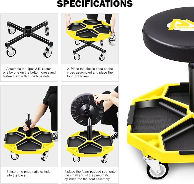 PM PERFORMOTOR Adjustable Height Pneumatic Garage Seat Rolling Mechanic Stool - Image 5