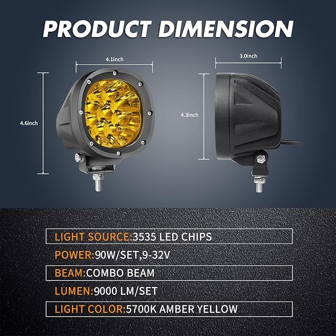 YCHOW-TECH 2PCS 4 Inch LED Amber Fog Lights 90W Yellow Round Offroad Light Bar - Image 2