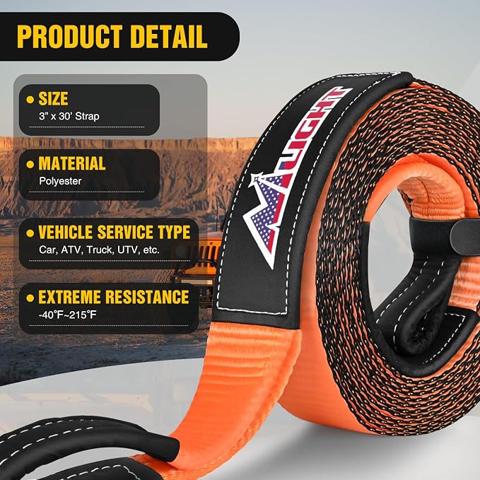 Nilight 3" x 30' Recovery Tow Strap Lab Tested 31, 500lbs Break Strength Heavy - Image 2