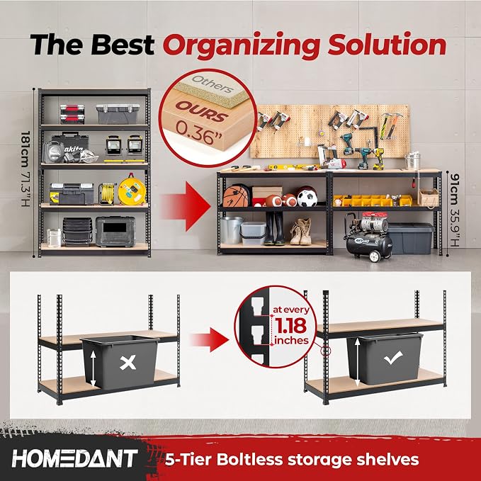 HOMEDANT 5 Tier Laminated Boltless Heavy Duty Garage Storage Adjustable Wide - Image 5