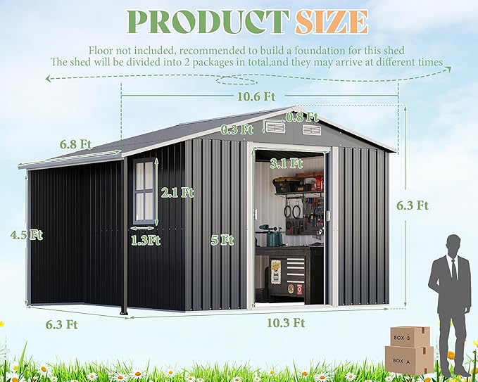 Jocisland 10.6x6.8x6.3 FT Galvanized Metal Storage Shed - Image 2