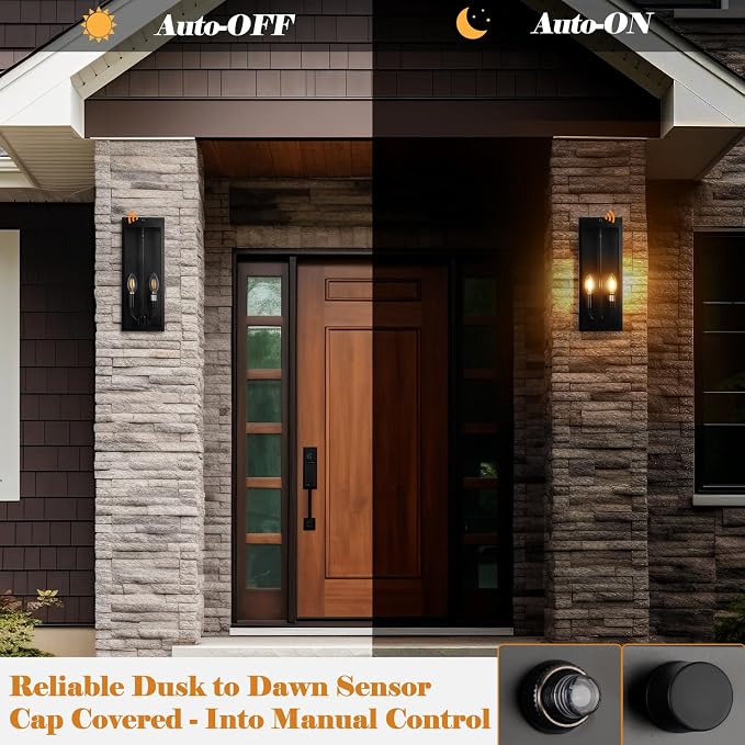 16” Dusk to Dawn Outdoor Lighting, 2 Pack Black Modern Porch Outside Lights - Image 2