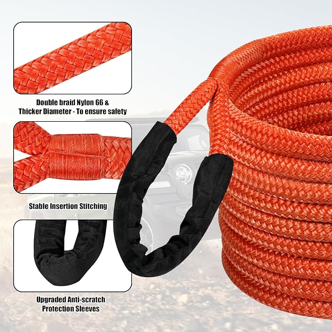 1" × 30ft Kinetic Recovery Tow Rope, Heavy Duty Offroad Towing Straps Kit - Image 3