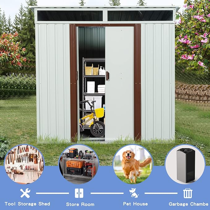 6×5 FT Outdoor Galvanized Metal Storage Shed Large Garden Sheds W/Sliding Doors - Image 4