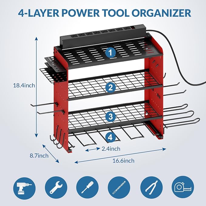 Power Tool Organizer with Charging Station, 4 Layers Garage Storage Rack with 6 - Image 2