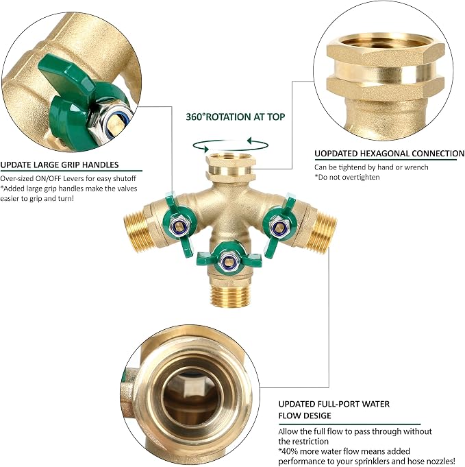 STYDDI Full Flow 3-Way Garden Hose Splitter, Solid Brass High Volume 3 Way Hose - Image 4
