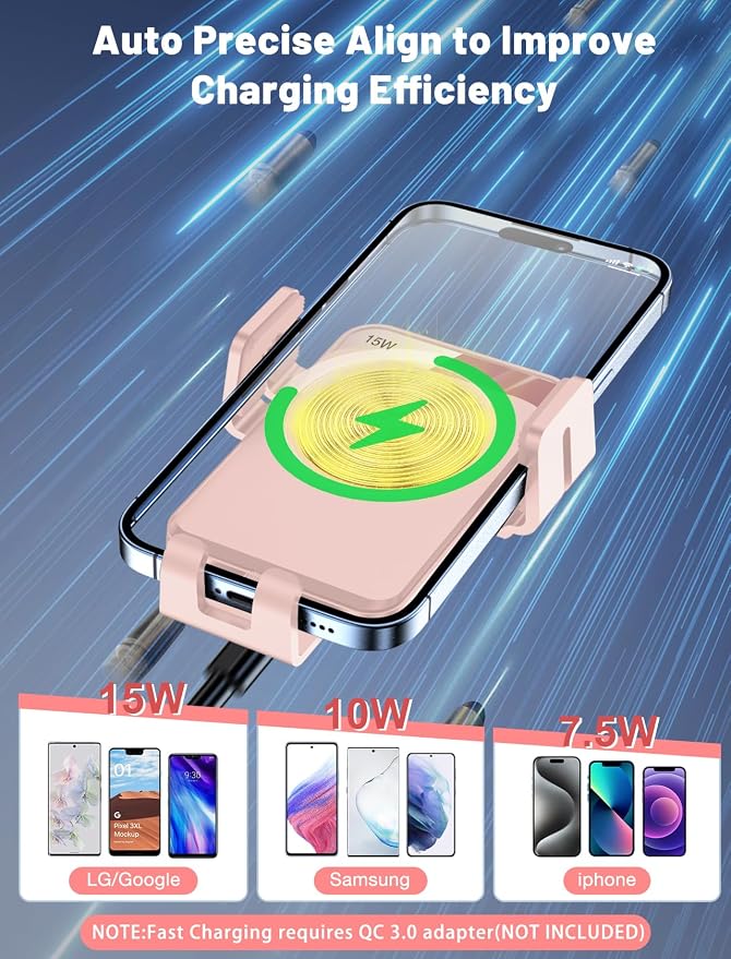 MOKPR Wireless Car Charger, Auto-Clamping Car Mount 15W/10W/7.5W Fast Charging - Image 2