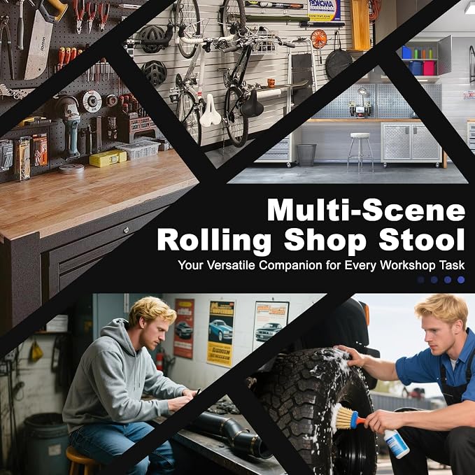 Rolling Shop Stool with Wheels, Garage Mechanic Shop Chair with Handle Backrest - Image 9