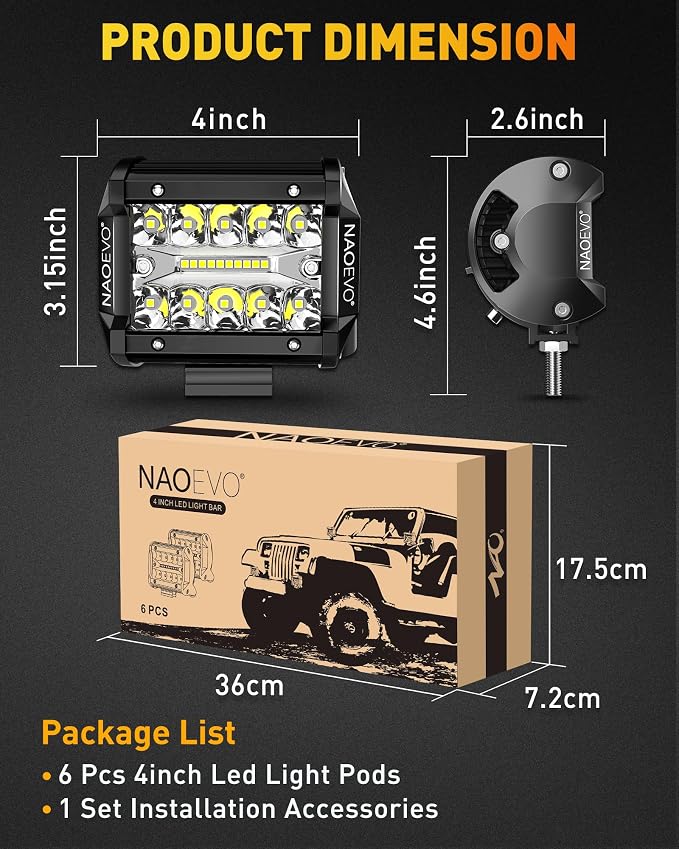 NAOEVO 4 Inch LED Pod Lights, 360W 36, 000LM LED Fog/Driving/Off Road Lights - Image 8