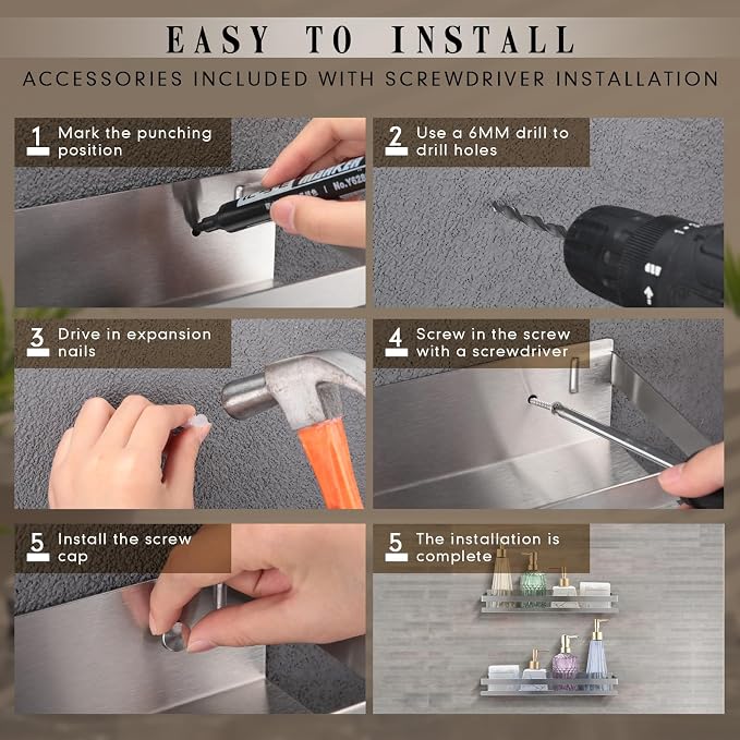 Lallisa 2 Pieces Stainless Steel Shelf Bathroom Shower Floating Shelves Wall - Image 5