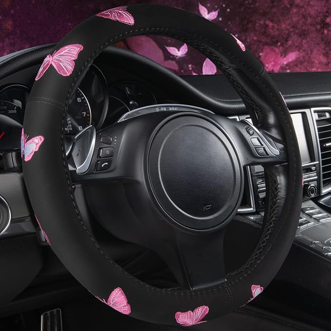 Car Pass Pink Embroidery Butterfly Steering Wheel Cover, Universal 15 Inch Car by CARPASS