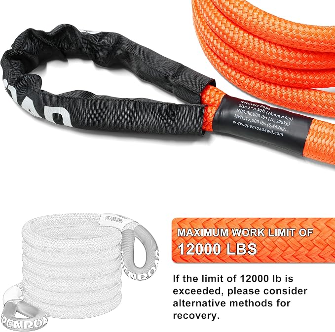 OPENROAD 1" x30ft Kinetic Recovery Rope 36, 000LBS Heavy Duty Offroad Tow Strap - Image 5