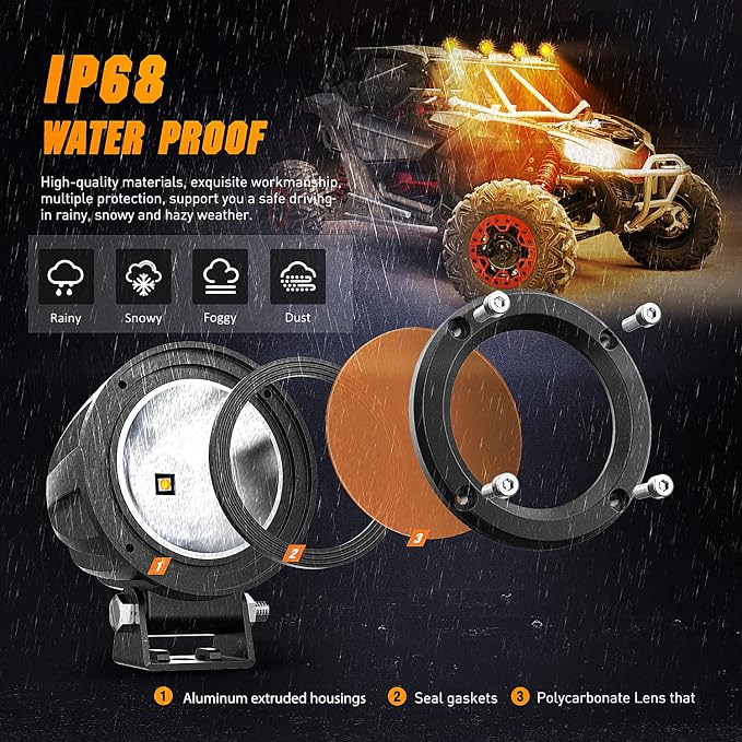 Nilight Motorcycle Led Pods Amber Fog Lights 2PCS 3Inch Yellow Round led - Image 3