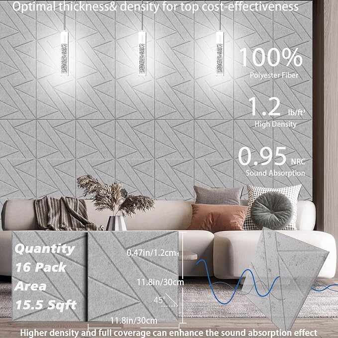 16 Pack Self-Adhesive Soundproof Wall Panels, 1.2lb/ft³ High Density, Thicker - Image 6