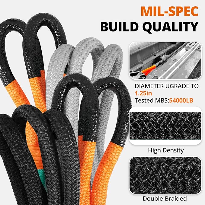 Kinetic Recovery Tow Rope: 1.25" x 30ft 54000LBS Snatch Strap Heavy Duty - Image 2