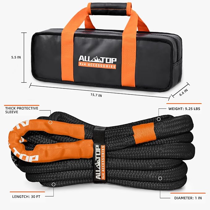 ALL-TOP Kinetic Recovery Rope, 1in x 30ft, Heavy Duty 30+% Elasticity, 16000Lbs - Image 5