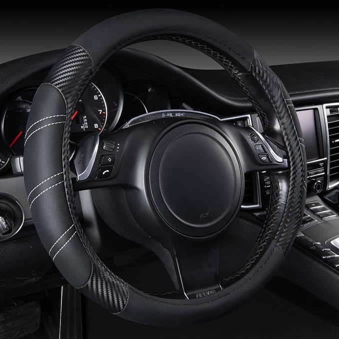 CAR PASS Line Rider Microfiber Leather Sporty 14.5-15 inch Steering Wheel Cover by CARPASS