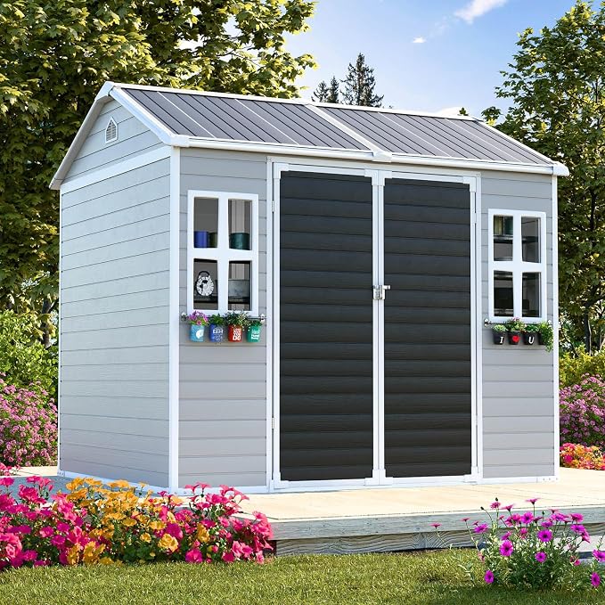 8x6x7 FT Resin Storage Shed, Waterproof Outdoor Shed w/Floor Included, 2 Windows by SELLERWE