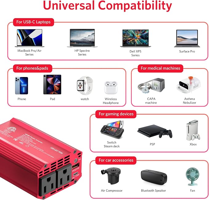 300W Car Power Inverter, USB-C PD65W QC 18W Converter Car Charger, DC 12V to - Image 7