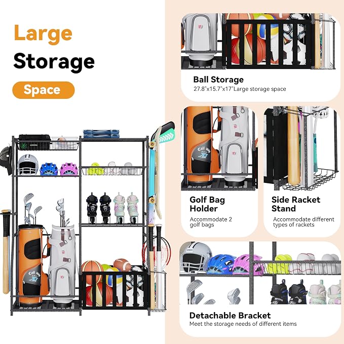 HOMREST Sports Equipment Storage, 2 Golf Bag Storage Stand, Ball Holder - Image 6