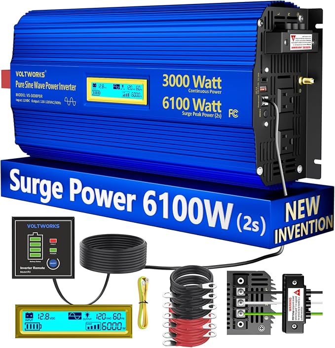 3000 Watt Pure Sine Wave Power Inverter 3000W 12V to 110V 120V AC, 6000W Surge by VOLTWORKS