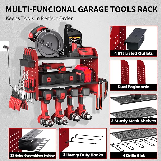 Power Tool Organizer Wall Mount – Adjustable Shelf, Side-Mounted 4-Outlet - Image 6