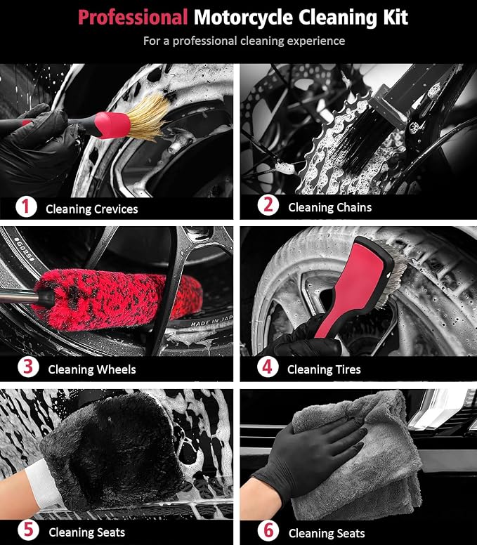 6PCS Motorcycle Cleaning Kit, Wool Wheel Brush, Tire and Chain Brush, Detailing - Image 2