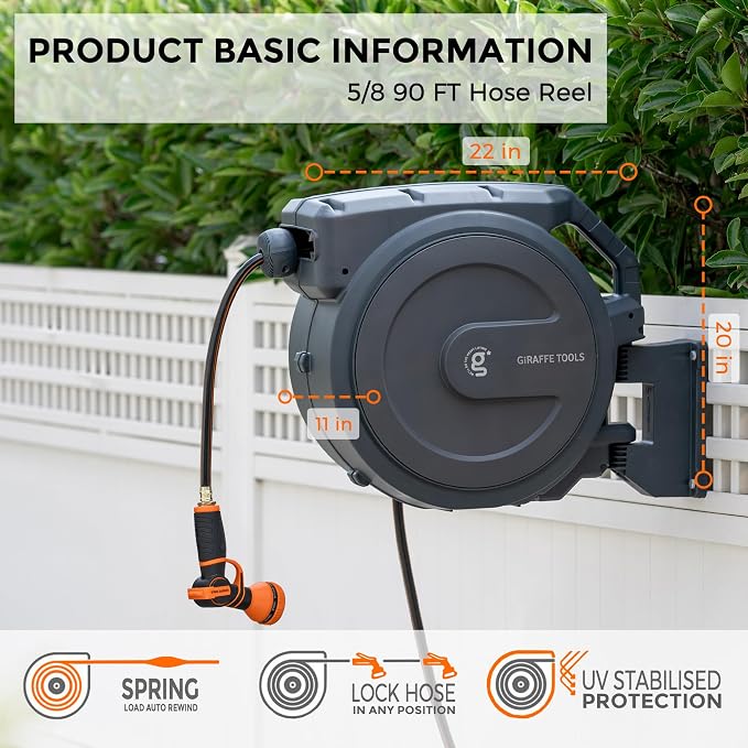 Giraffe Tools AW40 Retractable Hose Reel 5/8" x 90 ft Wall Mounted Garden Hose - Image 3