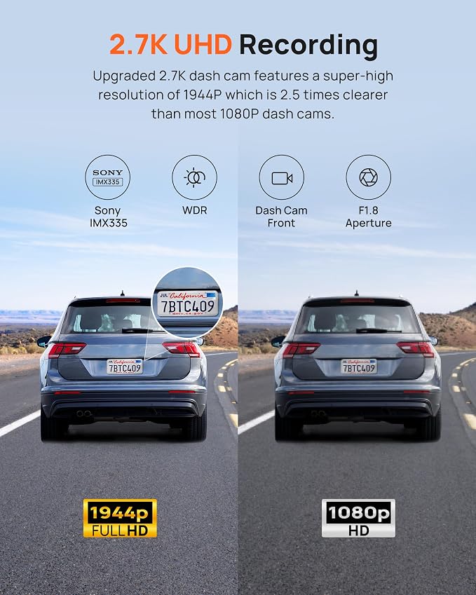 70mai 2.7K Dash Cam Front A500S, 1944P Dash Camera - Image 2