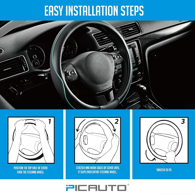 PIC AUTO Steering Wheel Cover, Mint Piping Leather, Sports Carbon Fiber and - Image 7