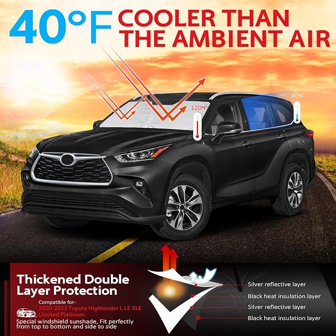 KAYZT Windshield Sun Shade for Toyota Highlander 2020-2025 2026 L LE XLE - Image 2