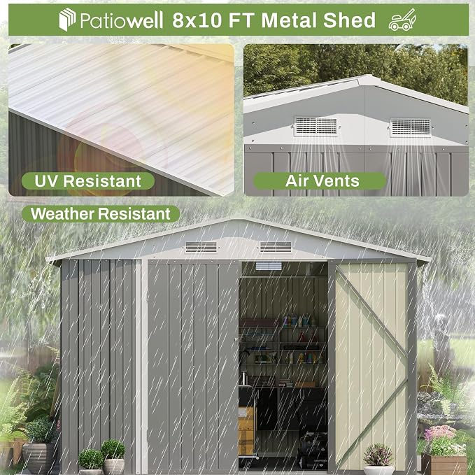 Patiowell 8x10 FT Outdoor Storage Shed, Large Garden Tool Metal Shed - Image 6