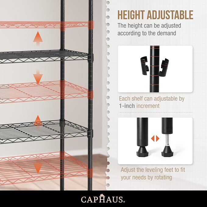 CAPHAUS NSF Black Adjustable 3-Tier Shelf Wire Shelving Unit w/Liner, Garage & - Image 4