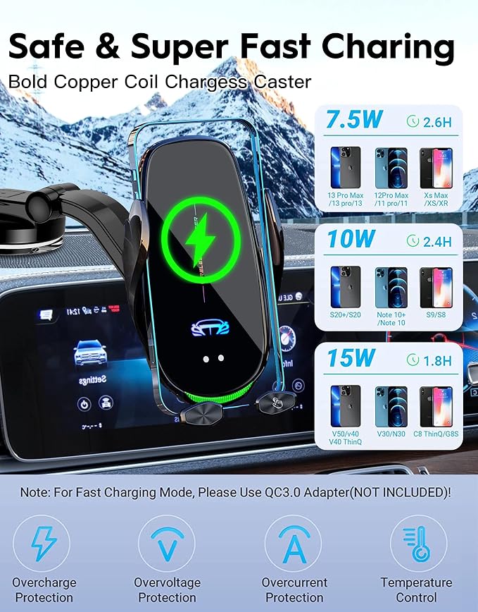 Wireless Car Charger Mount, Fast Charging Auto Clamping 15W Intelligent Dual - Image 4