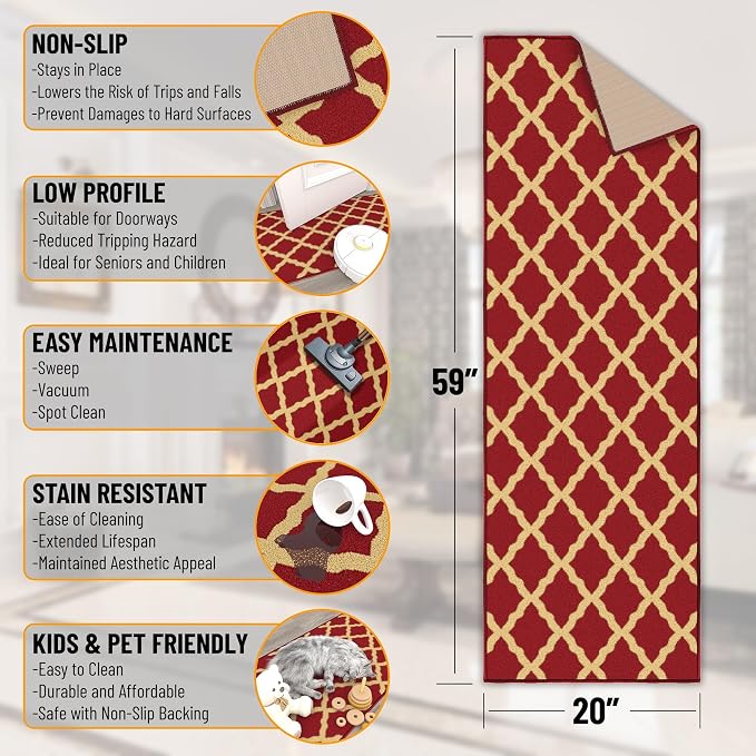 Ottomanson Hallway Runner Rug 20" x 59" Non Slip Trellis Area Rugs Easy to - Image 2