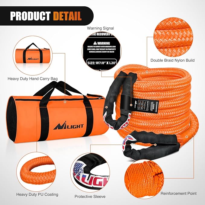 Nilight Kinetic Recovery Rope 28, 600LBS 7/8" x 20ft Snatch Strap Heavy Duty - Image 3