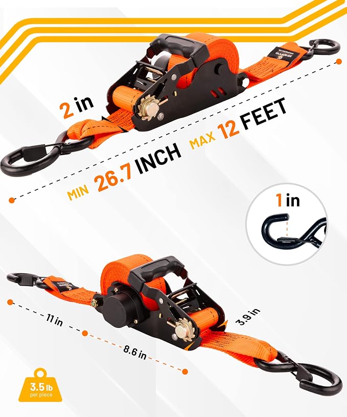 Strapinno 2PCs Retractable Ratchet Tie-Down Straps, 000 lbs Break Strength- 2 - Image 3