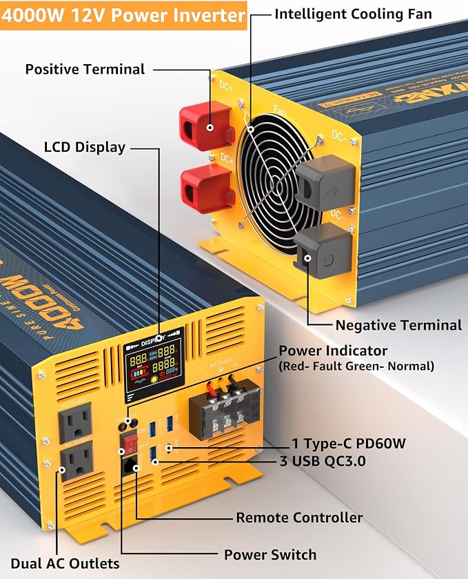 4000W Pure Sine Wave Power Inverter DC 12V to AC 110V 120V - Image 2