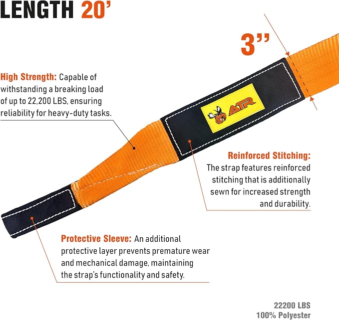 ATR Recovery Tow Strap 3" x 20ft – 22, 200 lbs Breaking Strength, Heavy Duty - Image 3