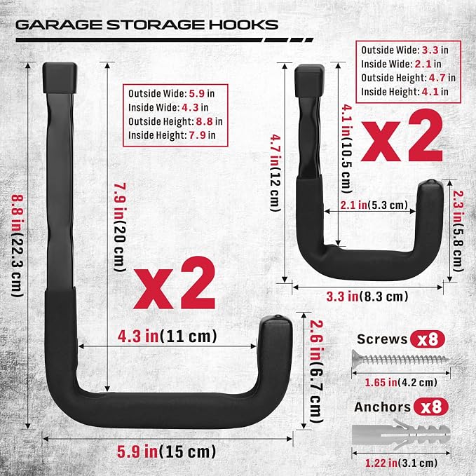 SEDY Heavy Duty Garage Storage Hooks: 4-Piece 6" & 3" Wall Mount J Utility - Image 2