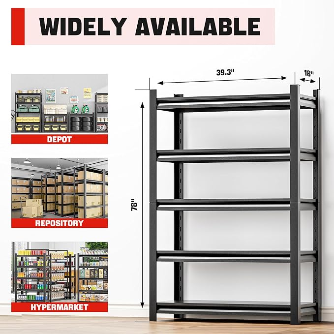 5-Tier Heavy Duty Steel Garage Shelving Unit, Adjustable Metal Utility Shelves - Image 2